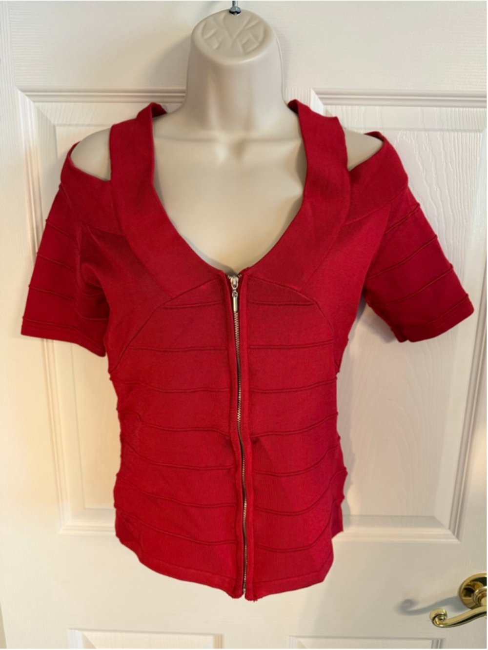 red Boston Proper zipper-front bandage blouse short sleeves cold shoulder XS - Picture 2 of 9